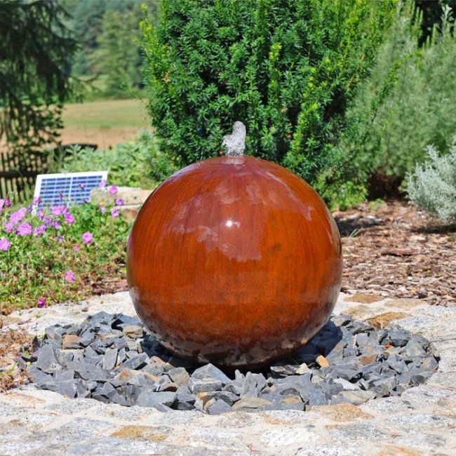 Fontaine Solaire Boule Acier Corten Batterie et Led 