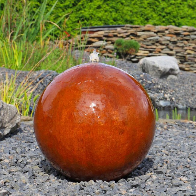 Fontaine Solaire Boule Acier Corten Batterie et Led 